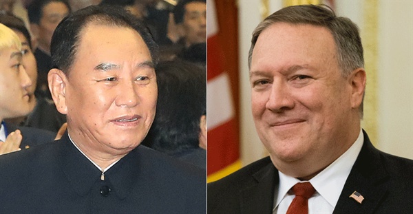 김영철 북한 노동당 부위원장(왼쪽)과 폼페이오 미국 국무부장관.
