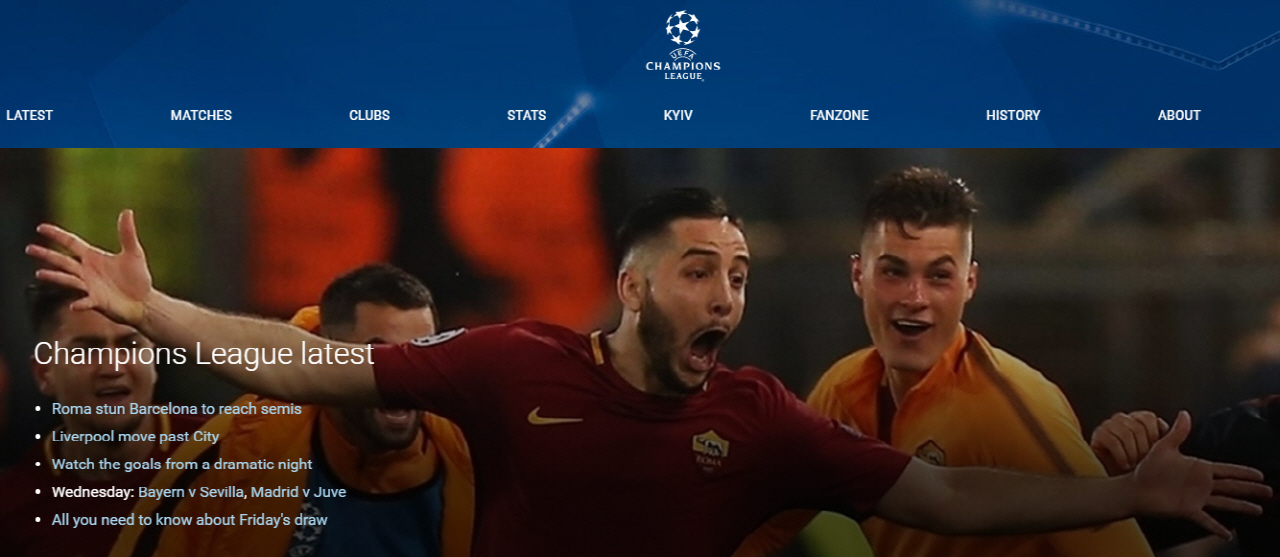  AS 로마의 기적같은 4강 진출 소식을 알리고 있는 유럽축구연맹 챔피언스리그 페이지(uefa.com)