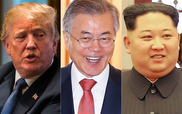 한편 북한 결정문을 놓고, 일각에선 미국이 전달한 '핵사찰 요구'를 김정은 북한 국무위원장이 수용했다는 보도도 있다. 왼쪽부터 트럼프 미국 대통령, 문재인 대한민국 대통령, 김정은 북한 국무위원회 위원장. 
