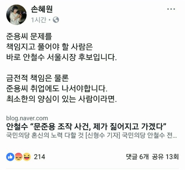 손혜원 더불어민주당 의원이 13일 자신의 페이스북에 올린 글