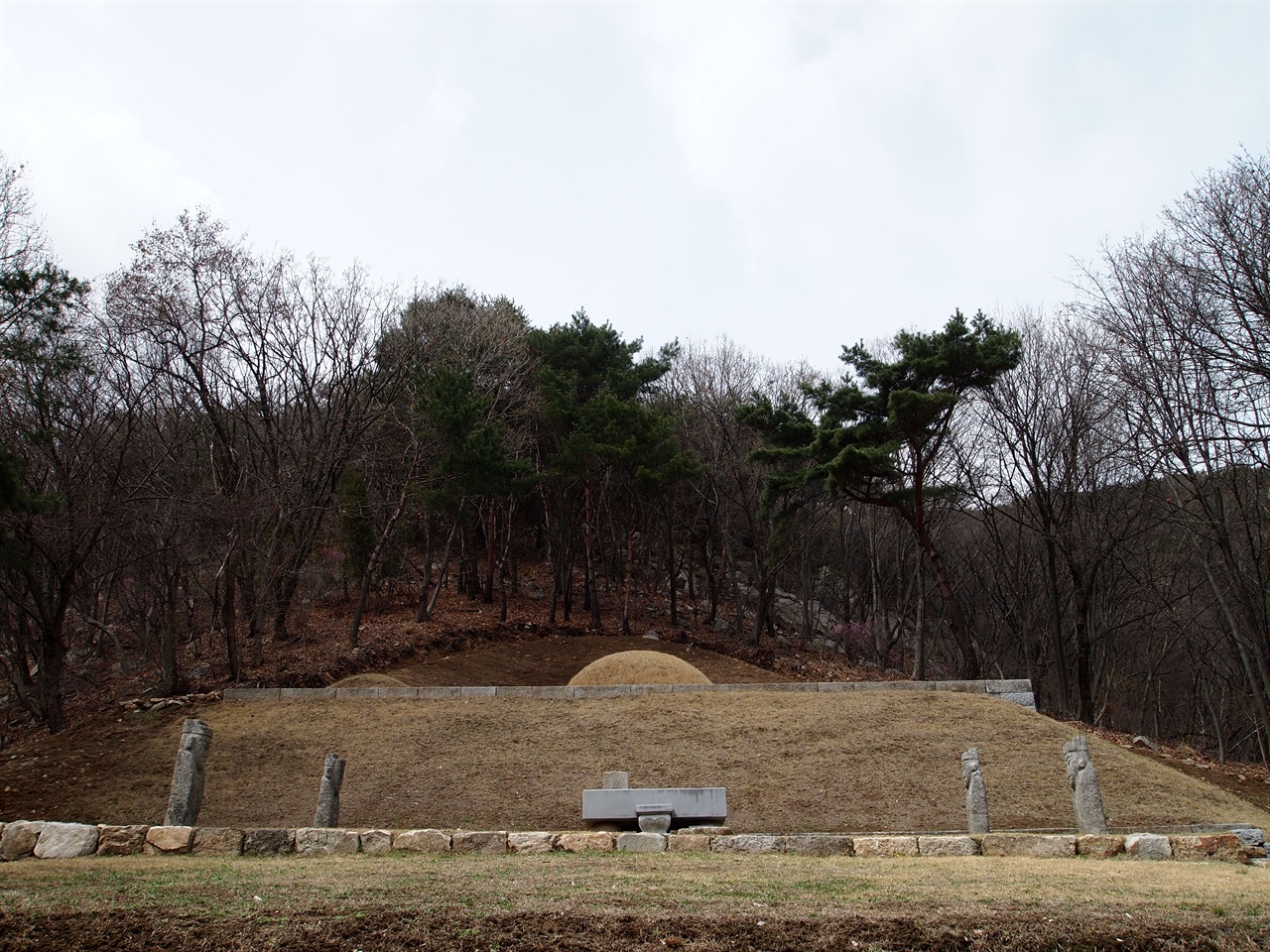 전면에서 바라본 홍릉의 모습, 1단에 봉분이 있고, 2단에 석인상 2쌍과 상석과 향로석이 설치되었다.