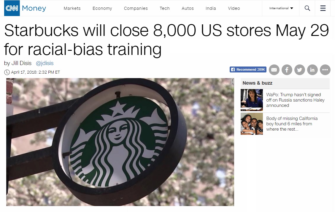 미국 스타벅스 전체 매장의 인종차별 방지 교육 실시를 보도하는 CNN 뉴스 갈무리.