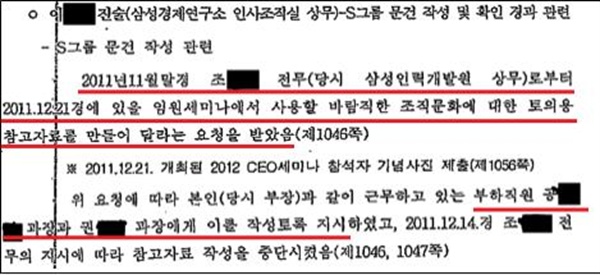 'S그룹 노사전략' 문서가 작성된 과정을 보여주는 서울지방고용노동청의 수사보고서.