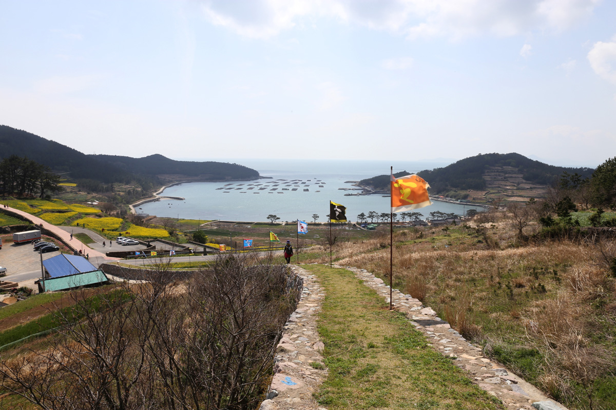  청산진성의 성곽에서 내려다 본 도락리 해안 풍경. 노랗게 물들기 시작한 유채꽃이 해안가를 따라 피어 있다.