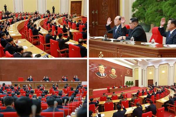 북한이 지난20일 김정은 노동당 위원장 주재하에 당 중앙위원회 제7기 제3차 전원회의를 개최하는 모습.