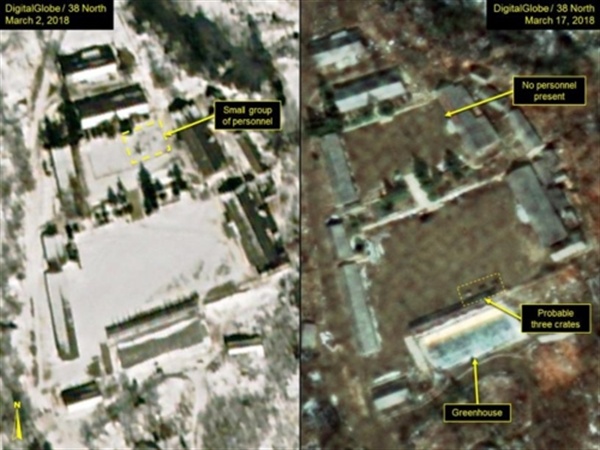 지난 3월 2일(왼쪽)과 17일 상업위성이 촬영한 풍계리 핵실험장 모습. 당시 공사가 상당히 둔화했다는 분석이 나왔다.