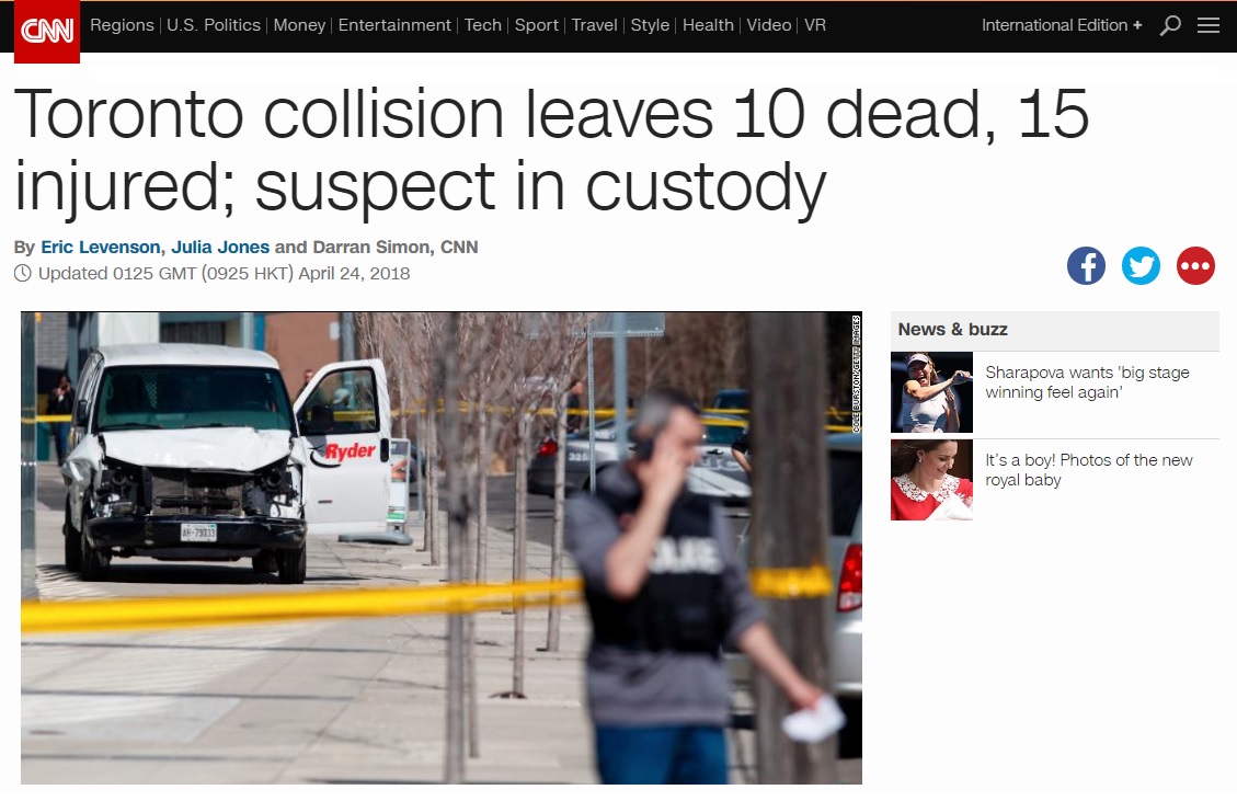 캐나다 토론토에서 발생한 차량 돌진 사건을 보도하는 CNN 뉴스 갈무리.