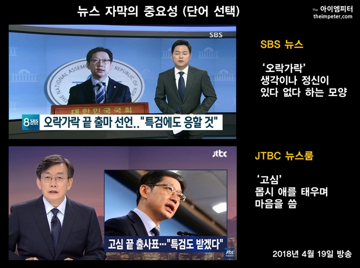 김경수 의원의 경남지사 출마 관련 SBS와 JTBC의 뉴스 자막 