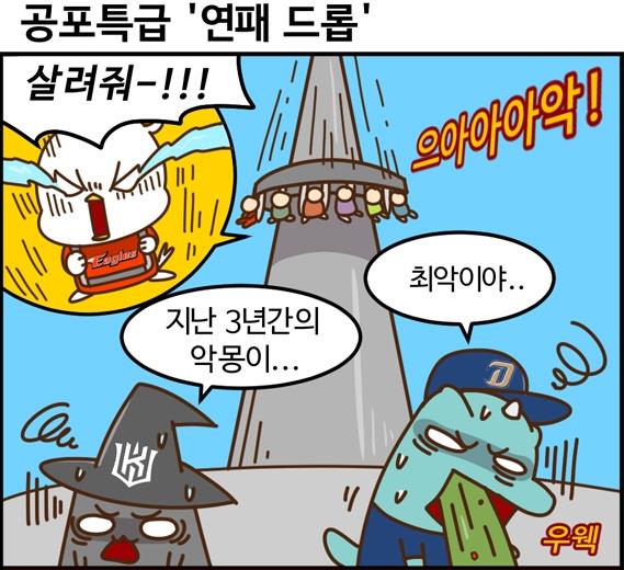  최근 10경기에서 2승 8패로 하락세를 보이고 있는 KT 위즈 (출처: [야구카툰] 야알못: 크보월드 공포특급 '연패 드롭' 편 중)
