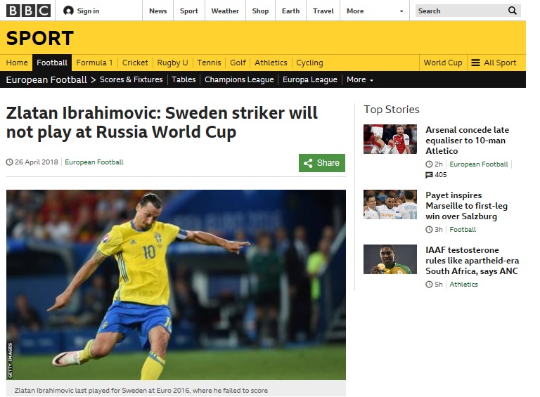  즐라탄의 스웨덴 대표팀 복귀가 무산됐다는 소식을 전하고 있는 BBC