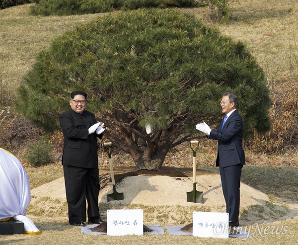 기념식수하는 남-북 정상 2018 남북정상회담이 열린 27일 오후 문재인 대통령과 김정은 국무위원장이 판문점 내에서 기념식수를 했다.