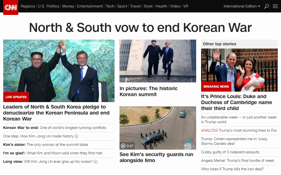 남북정상회담의 '판문점 선언'을 보도하는 CNN 뉴스 갈무리.