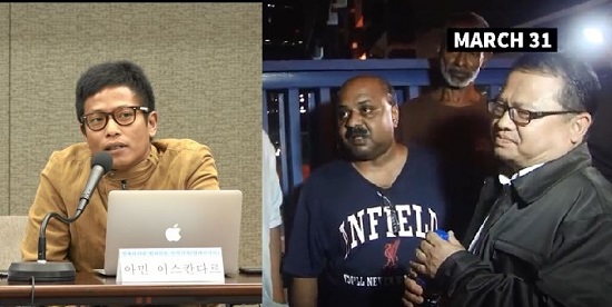 아민 이스칸디르 <말레이시아 인사이트> 수석기자(왼쪽)와 경찰에 체포되던 중 언론인터뷰에 응하는 <말레이시아 인사이더> 편집자들(오른쪽). 