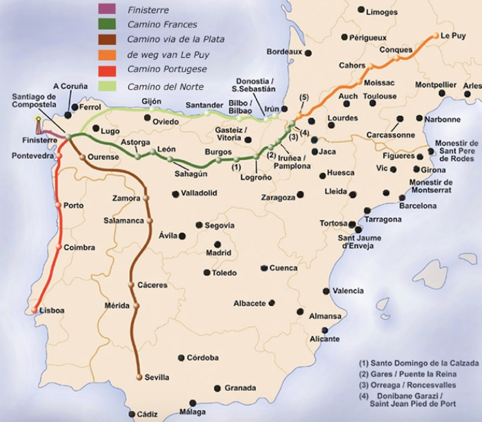 네 군데(빨강, 갈색, 녹색, 연두색)의 유명한 산티아고 순례길 지도. 녹색이 작년에 걸었던 프랑스 길이다. 이번 여름에는 빨강색 포르투갈 길을 걷게 된다.