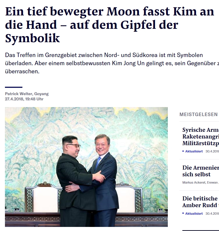 스위스 ‘아르가우어 차이퉁 (Aargauer Zeitung)’지는 ‘김정은과 문재인이 세계를 놀라게 했다-한국 전문가 회의적 시각을 드러내다’란 기사에서 “남북정상회담에서 한국의 대통령과 북한의 권력자는 올해 말까지 평화협정을 맺기로 합의했다”면서 70년간의 긴장 후에 두 국가는 이제 화해하게 됐다”고 보도했다. 
