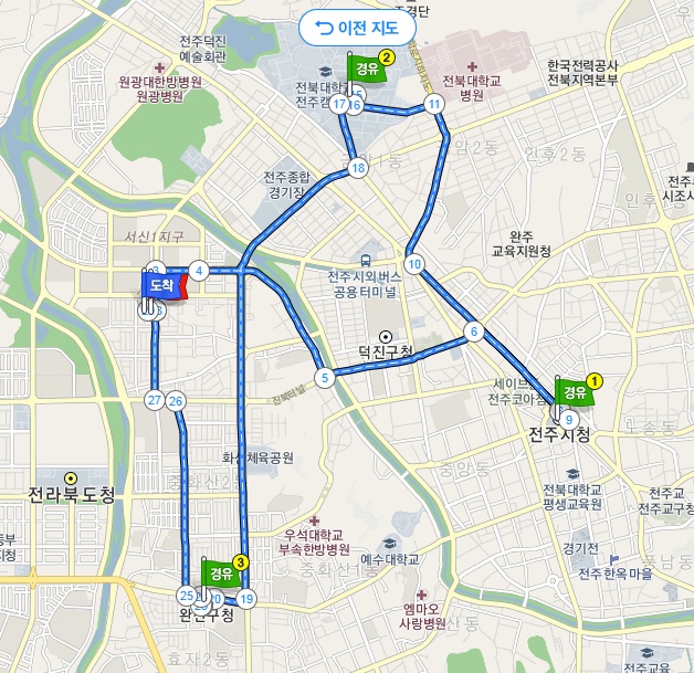 자동차를 통한 이동경로 14.4Km 네개의 구간을 달리는 코스로 다음지도 서비스 캡춰화면