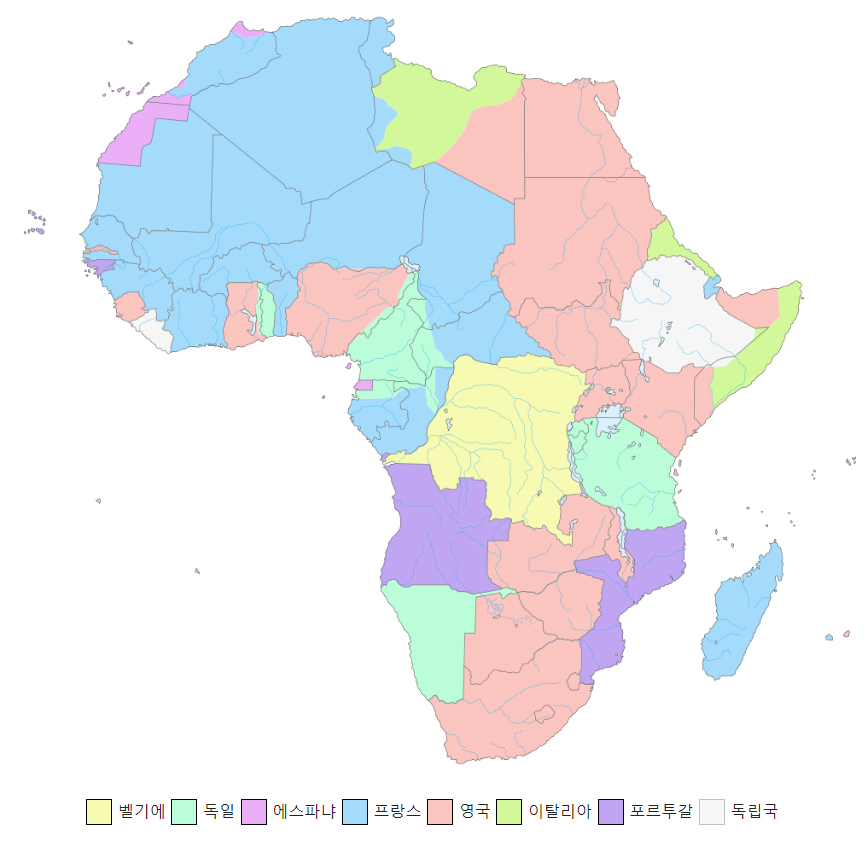 1884~1885 베를린회의 결과. 아프리카는 유럽 열강에 의해 쪼개졌다. 