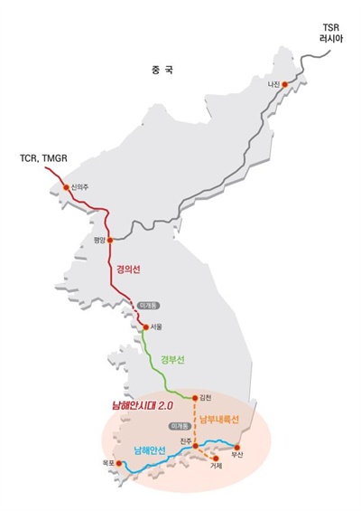자유한국당 김태호 경남지사 후보가 내놓은 '남해안선, 남부내륙선 포함한 주요 철도 노선도'.