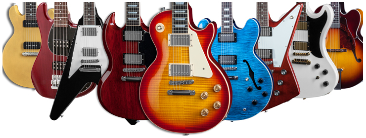  일렉트릭 기타의 대표 브랜드인 깁슨의 주요 제품들.  사진 중앙에 놓인 레스폴 기타를 비롯한 일련의 깁슨 제품들은 기타리스트들에겐 선망의 대상이었다.