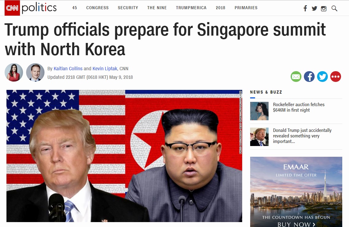 북미정상회담 개최지로 싱가포르를 예상하는 CNN 뉴스 갈무리.