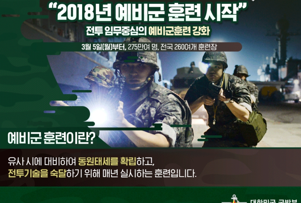 국방부 홈페지에 있는 2018년 예비군 훈련 안내.