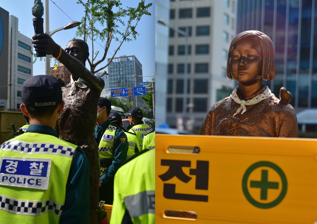초량 일본영사관 앞에 위치한 노동자상과 소녀상의 현재 모습.