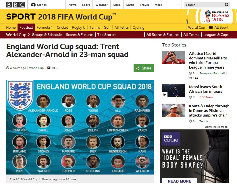  2018 러시아 월드컵에 나설 잉글랜드 국가대표팀 최종 명단 소식을 전하고 있는 BBC