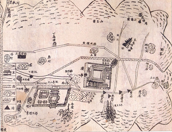 1956년 <여주이씨세보>에 실린 옥산마을 지도. 옥산서원과 독락당 일대를 그린 지도이다. 