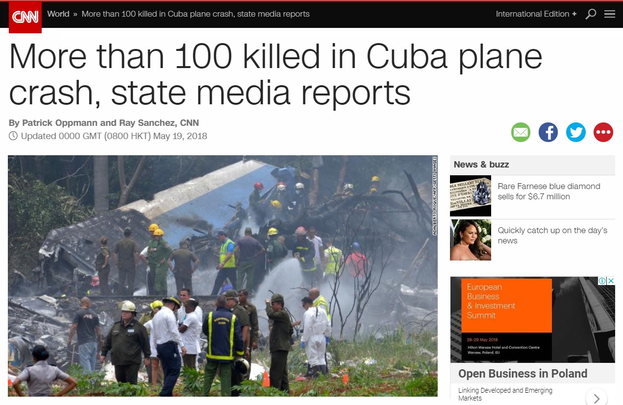 쿠바에서 발생한 민간 항공기 추락 사고를 보도하는 CNN 뉴스 갈무리.