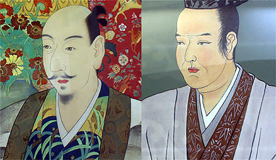 일본 기후성 천수각 안에 게시되어 있는 오다(왼쪽)와 배신자 아케치의 초상(일부)