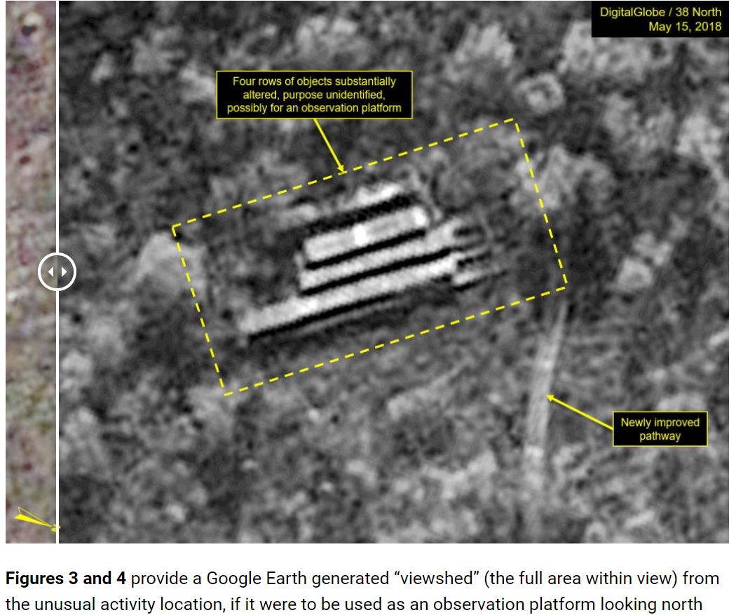 <38노스>가 19일 보도에서 분석한 5월 15일 촬영 위성사진. 쌓여있는 목재가 7일 촬영 사진보다 높아진 것을 알 수 있다. 