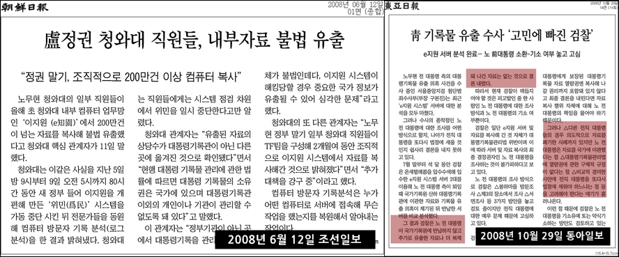 촛불집회가 열리던 2008년 6월 12일 조선일보는 노무현 대통령 정권 말기 조직적으로 내부 자료를 불법으로 유출했다고 보도했다. 그러나 그해 10월 동아일보 기사를 보면 미이관 자료나 폐기된 자료는 없었다