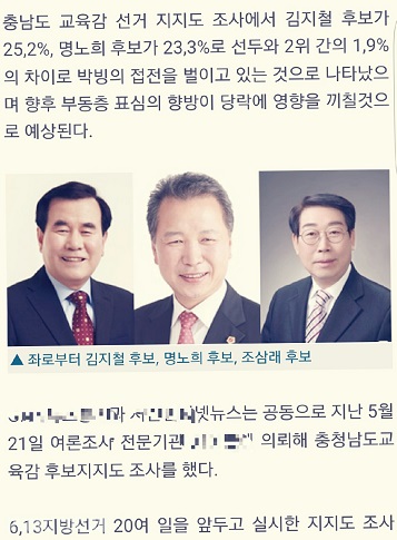 한 인터넷 신문은 S사의 여론조사 결과를 인용해 충남 교육감 후보가 박빙의 접전 중이라고 보도했다. 하지만 김지철 후보측은 여론조사의 공정성이 의심스럽다며 문제제기를 하고 나섰다. 