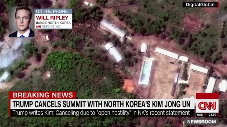 미국 CNN 방송의 북한 풍계리 핵실험장 폭파 보도 갈무리.