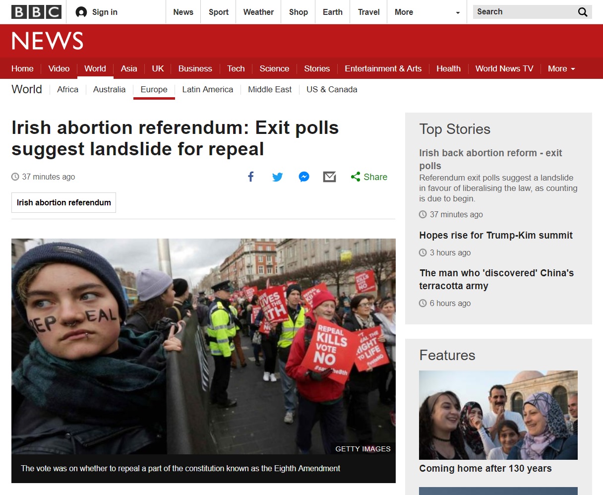 아일랜드의 낙태 금지법 폐지 국민투표 출구조사를 보도하는 영국 BBC 뉴스 갈무리.