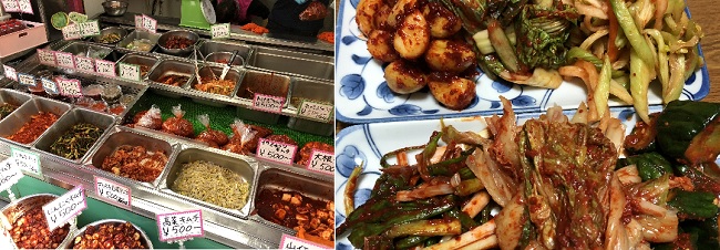           일본 경주상회에서 맛볼 수 있는 여러 가지 한국 먹거리와 김치입니다.