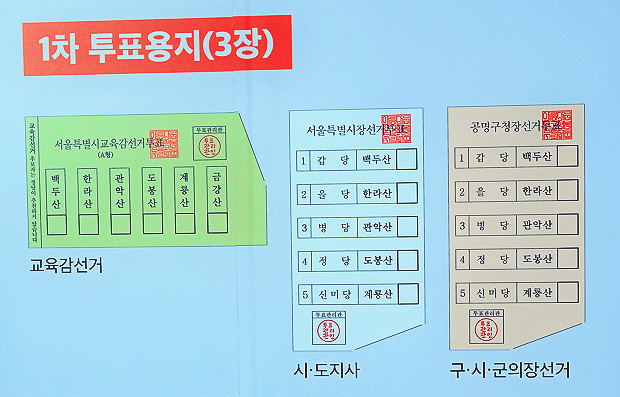 6월 13일에 1차로 받게 되는 3장의 투표용지 (자료 출처: 서울특별시선거관리위원회)