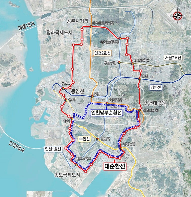자유한국당 유정복 후보가 경인전철 지하화와 함께 주요 공약으로 제시한 인천대순환선(=인천3호선) 노선 안내도.
 