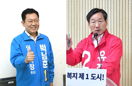 인천시장 선거에 출마한 민주당 박남춘(왼쪽) 후보와 한국당 유정복 후보


