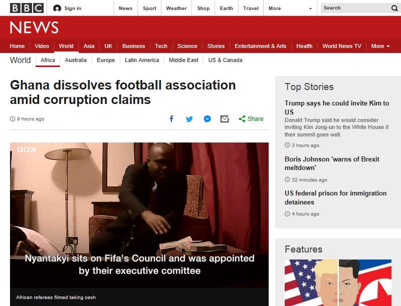  은얀타키 가나축구협회장의 비리 장면을 포착해 보도하고 있는 BBC  
