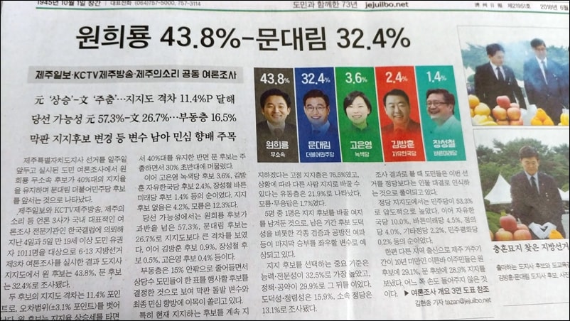 선거 전 마지막 여론조사 발표에서 무소속 원희룡, 민주당 문대림 후보에 이어 지지율 3위를 보이고 있는 녹색당 고은영 후보.