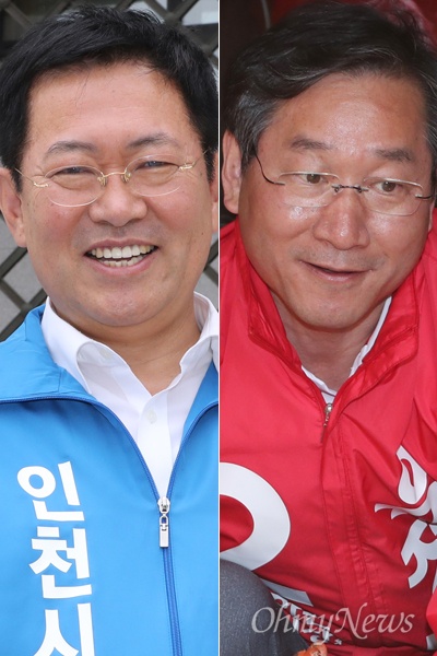 박남춘 더불어민주당 인천시장 후보(사진 왼쪽)과 유정복 자유한국당 인천시장 후보(오른쪽).
