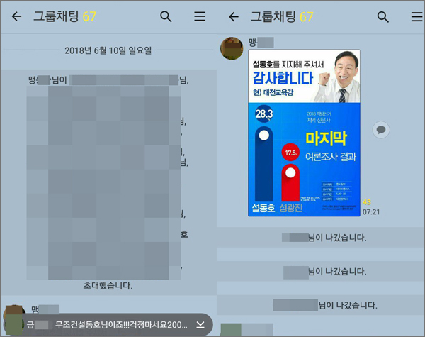 대전의 한 현직교장으로 추정되는 맹아무개씨가 단톡방에서 설동호 교육감 후보를 지지하는 불법 선거운동을 한 정황이 적발되어 선관위가 조사 중에 있다.