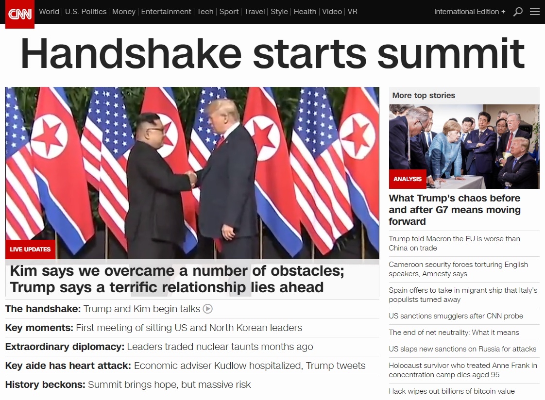 도널드 트럼프 미국 대통령과 김정은 북한 국무위원장의 정상회담을 보도하는 CNN 방송 갈무리.