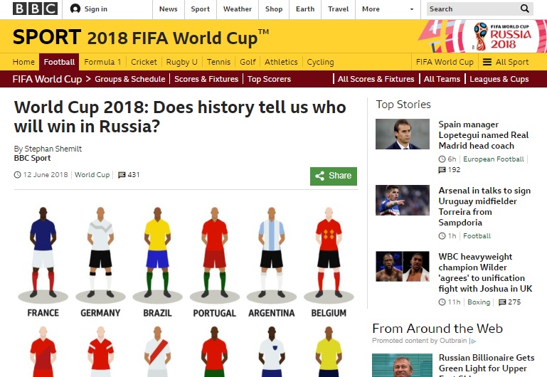  2018 러시아 월드컵 우승팀을 예상하는 BBC 