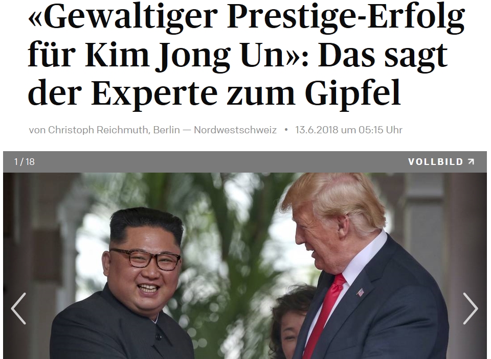 북미정상회담을 보도한 스위스의 ‘아르가우어 차이퉁 (Aargauer Zeitung)’.
