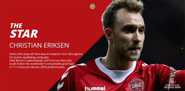  손흥민의 든든한 동료 에릭센은 덴마크 대표팀에서도 절대적인 위치를 차지하는 미드필더다.