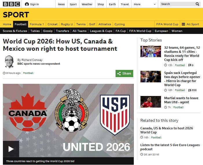  미국, 캐나다, 멕시코 3국의 2026 월드컵 유치 확정 소식을 전하고 있는 BBC 