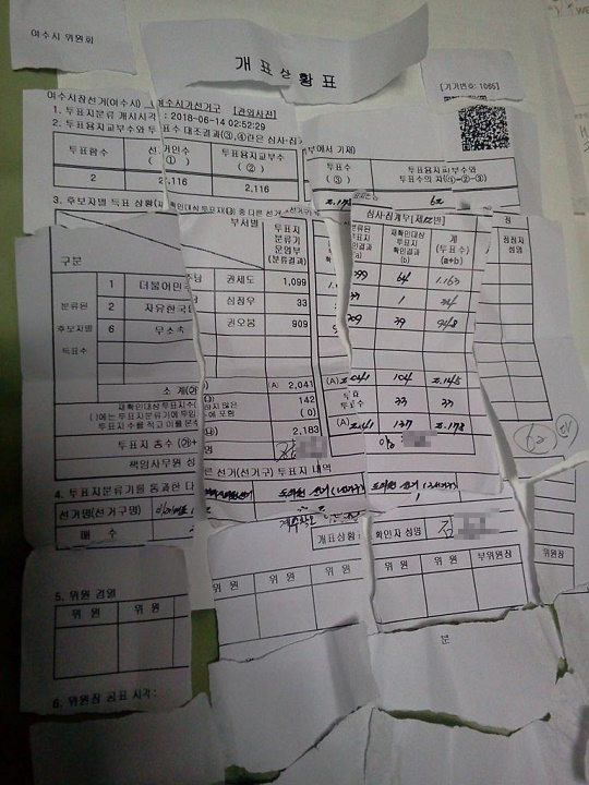 여수시장선거 여수시 가선거구 관외사전투표 개표상황표가 찢어져 있다. 이 투표구에서는 투표용지교부수보다 투표자수가 62매 더 많이 나왔다. 