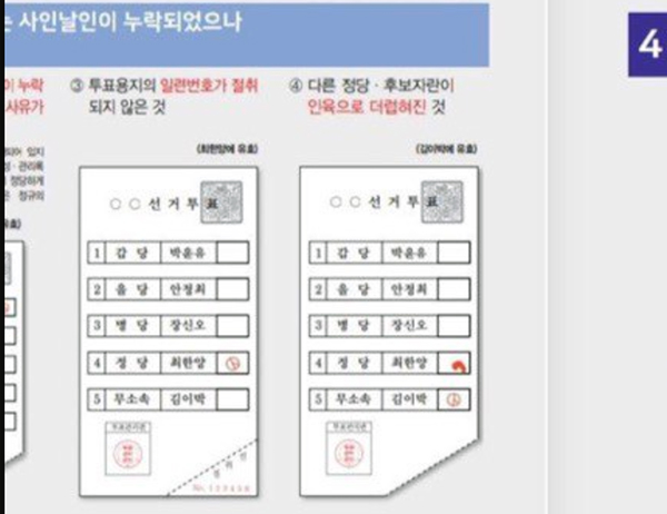  중앙선관위에서 사전에 밝힌 유효표 사례. 우측의 이미지와 같이 다른 정당 후보자란이 인육으로 더렵혀진 경우 유효표로 판정하게 되어 있다.